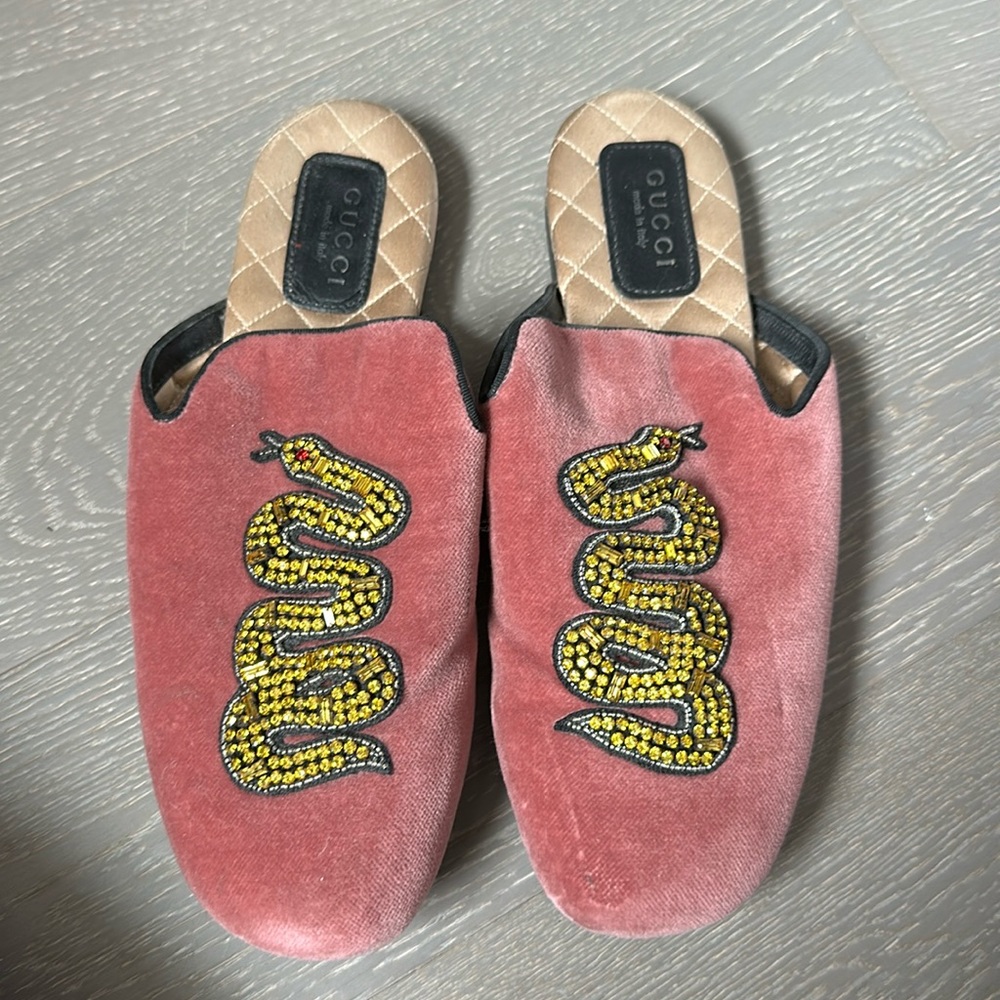 GUCCI Lawrence Velvet Crystal Snake Embroidered Princetown Slippers EU 36